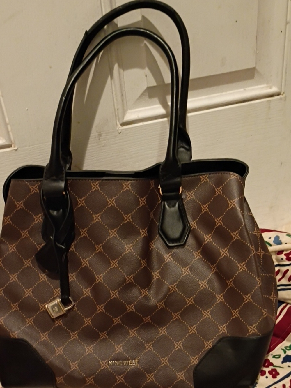Nine West Brown Tote with Black Handles and Trim - Signature Pattern